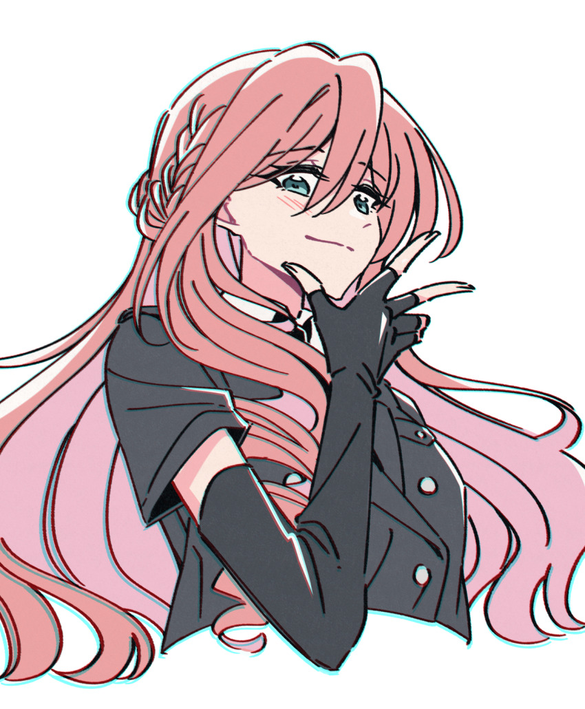 1girl akamirai aqua_eyes black_gloves black_jacket blush braid buttons chromatic_aberration closed_mouth commentary cropped_torso double-breasted drill_hair elbow_gloves fingerless_gloves from_below gloves hair_between_eyes highres jacket light_smile long_hair looking_at_viewer looking_down official_alternate_costume official_alternate_hairstyle pink_hair short_sleeves shoujo_kageki_revue_starlight shoujo_kageki_revue_starlight_-re_live- side_braid simple_background solo tsuruhime_yachiyo upper_body wavy_hair white_background