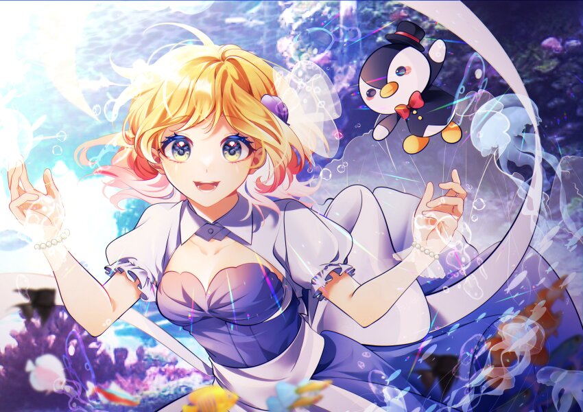 1girl absurdres aiceclass back_bow bird blonde_hair blue_eyes bow bubble gradient_eyes gradient_hair hanon_(aiceclass) highres huge_bow medium_hair multicolored_eyes multicolored_hair open_mouth penguin pink_hair puffy_short_sleeves puffy_sleeves purple_bow shell_hair_ornament short_sleeves smile solo sophia_pie_12 virtual_youtuber yellow_eyes