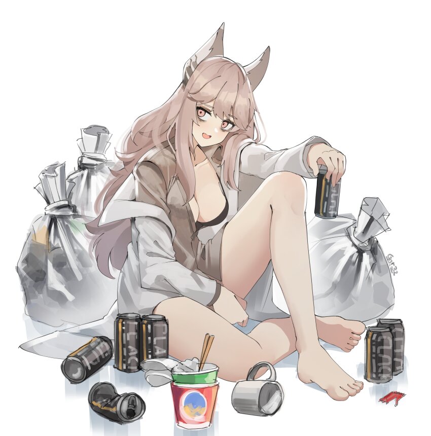 1girl absurdres animal_ears bags_under_eyes barefoot bra breasts brown_shirt can cat_ears coat crushed_can cup cup_ramen gar32 girls&#039;_frontline highres holding holding_can lab_coat large_breasts long_hair looking_at_viewer messy_hair mug open_clothes open_coat open_mouth persica_(girls&#039;_frontline) pink_eyes pink_hair shirt sitting smile solo trash_bag underwear white_background