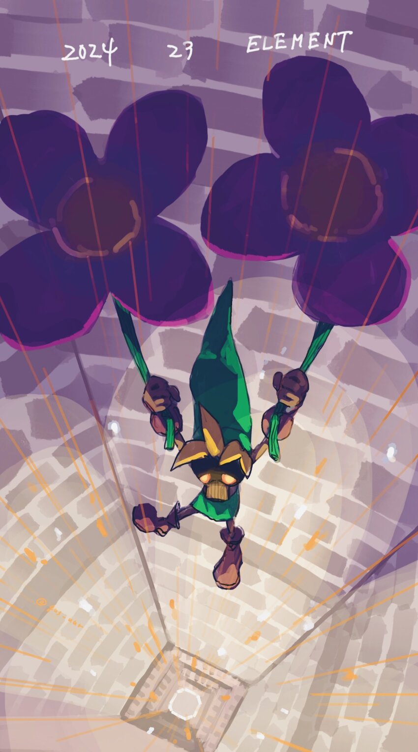 1boy 2024 absurdres blonde_hair boots brick_wall brown_boots deku_link deku_scrub dungeon flower gus_uur hat highres indoors link looking_down nintendo solo the_legend_of_zelda the_legend_of_zelda:_majora&#039;s_mask
