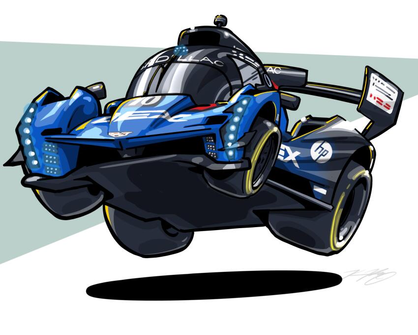 absurdres cadillac cadillac_v-series.r car chibi commentary english_commentary glowing highres imsa_sportscar_championship kevinpaigeart le_mans_prototype midair motor_vehicle no_humans race_vehicle racecar shadow signature spoiler_(automobile) vehicle_focus