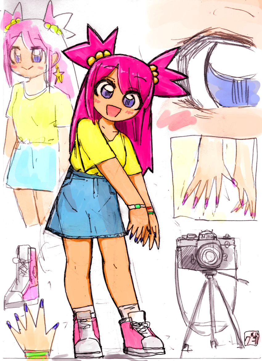 1girl :d blue_skirt blush bracelet camera closed_mouth denim denim_skirt earrings full_body graphite_(medium) hair_bobbles hair_ornament highres jewelry long_hair looking_at_viewer multiple_views nail_polish open_mouth original pink_hair pink_shoes purple_eyes purple_nails shirt shoes short_sleeves simple_background sketch skirt smile sneakers socks standing star_(symbol) star_earrings traditional_media tripod two_side_up uchida_kiyoki video_camera white_background yellow_shirt
