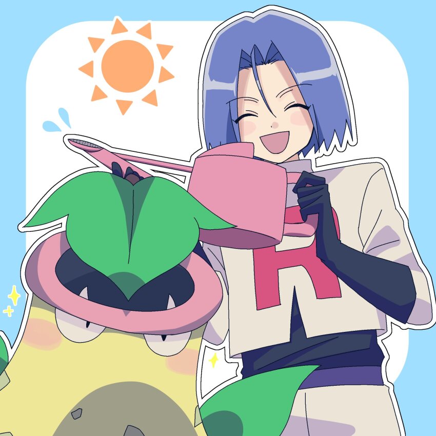 1boy black_gloves closed_eyes gen_1_pokemon gloves happy highres james_(pokemon) male_focus nintendo pokemon pokemon_(anime) pokemon_(classic_anime) pokemon_(creature) smile team_rocket team_rocket_uniform victreebel watering_can yunyun_n23