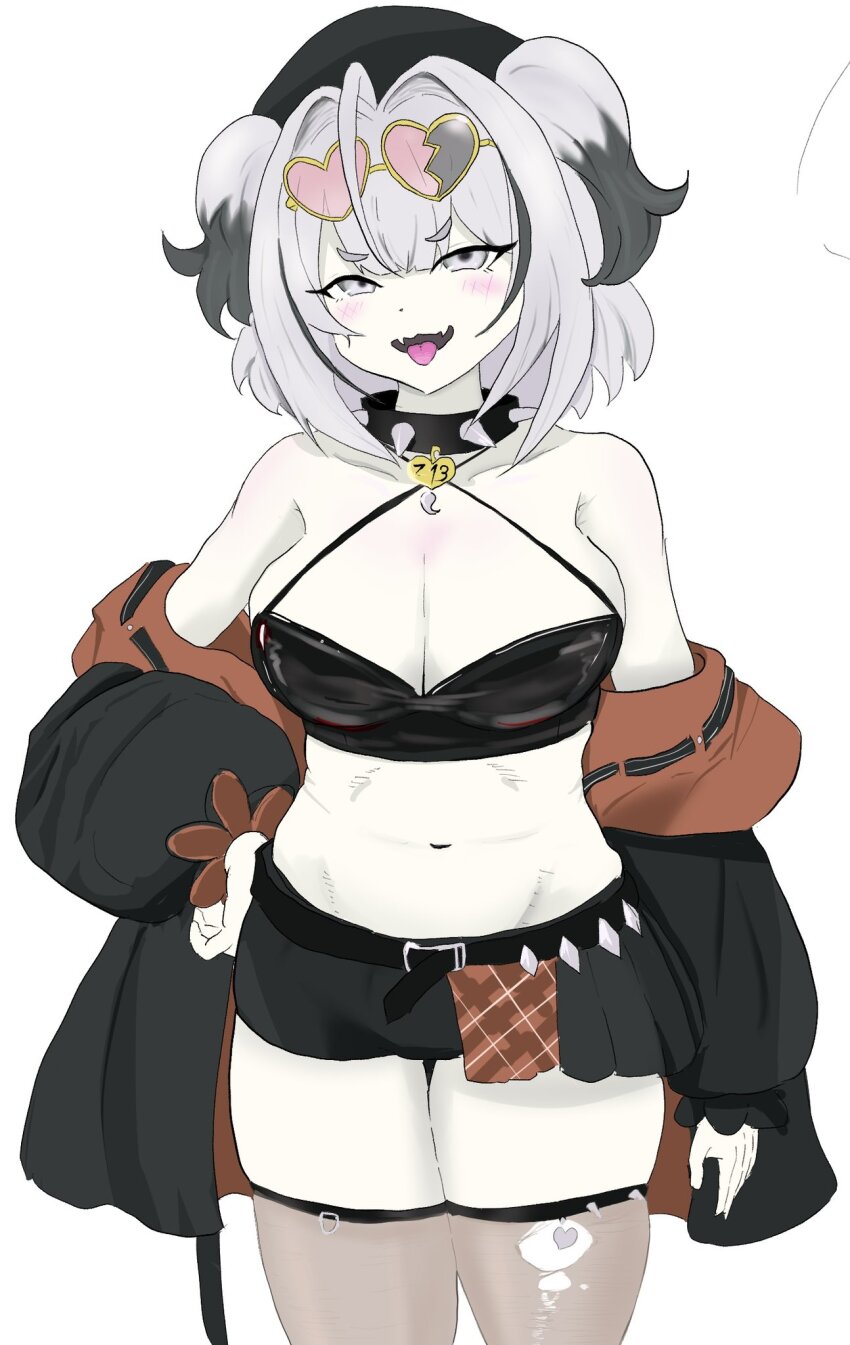 1girl azur_lane bare_shoulders black_hair black_jacket black_skirt black_thighhighs breasts cleavage collar criss-cross_halter eyewear_on_head gradient_hair grey_eyes grey_hair halterneck hand_on_own_hip heart heart-shaped_eyewear highres jacket large_breasts light_blush looking_at_viewer midriff multicolored_hair navel open_clothes open_jacket pikiti002 short_hair simple_background skirt solo spiked_collar spikes stomach thighhighs torn_clothes torn_thighhighs two_side_up white_background z13_(azur_lane)