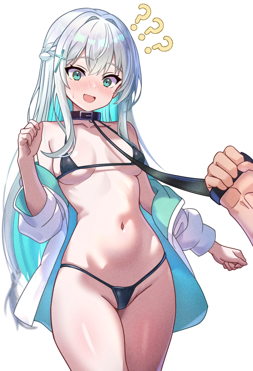 1boy 1girl ? absurdres akua_(akua326326326) animal_collar aqua_eyes aqua_hair bare_shoulders bdsm bikini black_bikini blush bondage bound braid breasts cleavage collar collarbone colored_inner_hair cross_hair_ornament embarrassed full-face_blush hair_ornament highres holding holding_leash jacket leash long_hair long_sleeves medium_breasts multicolored_hair navel open_mouth original simple_background slave smile stomach sweat swimsuit viewer_holding_leash wavy_mouth white_background white_hair white_jacket