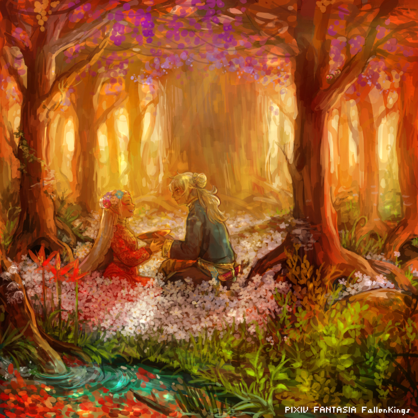 2girls akaneko_(redakanekocat) commentary_request copyright_name cup dagger eyeshadow flower forest grey_hair hair_bun hair_flower hair_ornament highres holding holding_cup knife long_hair long_sleeves looking_at_another makeup multiple_girls nature outdoors pixiv_fantasia pixiv_fantasia_fallen_kings pointy_ears red_eyeshadow sakazuki sheath sheathed sitting smile veil weapon