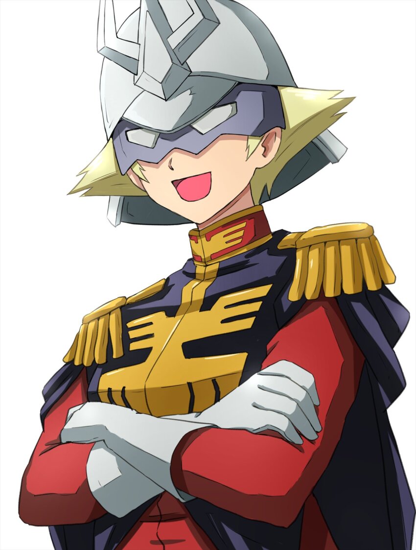 1girl blonde_hair char_aznable char_aznable_(cosplay) commentary_request cosplay crossed_arms epaulettes erwin_(girls_und_panzer) girls_und_panzer gloves gundam helmet highres military_uniform mobile_suit_gundam omachi_(slabco) open_mouth short_hair simple_background smile solo white_background white_gloves white_helmet