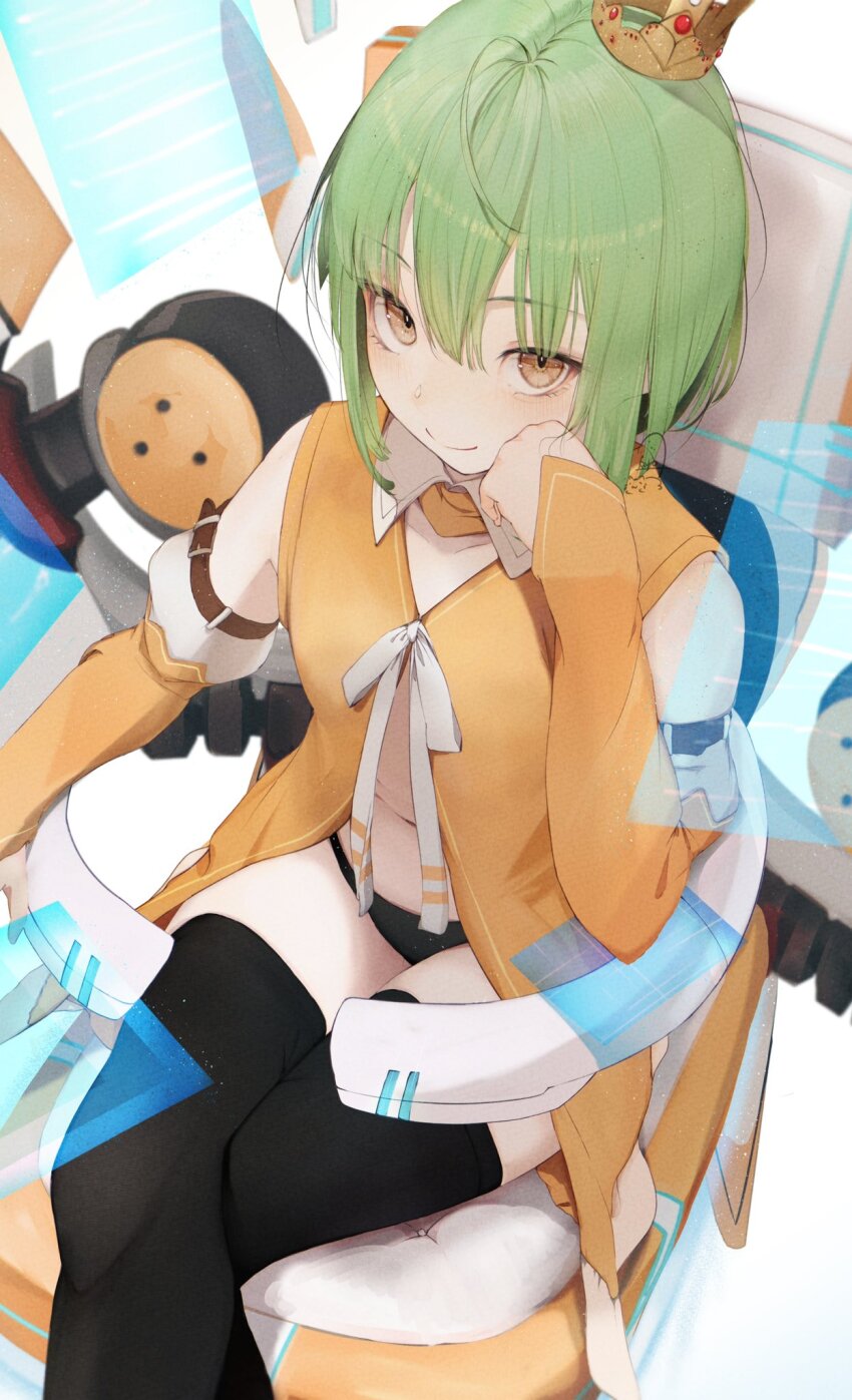 1girl ahoge bare_shoulders belt belt_buckle black_panties black_thighhighs blush breasts buckle center_opening chunithm crossed_legs crown cushion detached_collar detached_sleeves from_above green_hair hair_between_eyes hand_on_own_face highres kisaragi_yaya looking_at_viewer navel open_clothes orange_eyes orange_shirt orange_sleeves panties screen shirt short_hair signature sitting sky_feather_(chunithm) sleeveless small_breasts smile solo thighhighs thighs underwear
