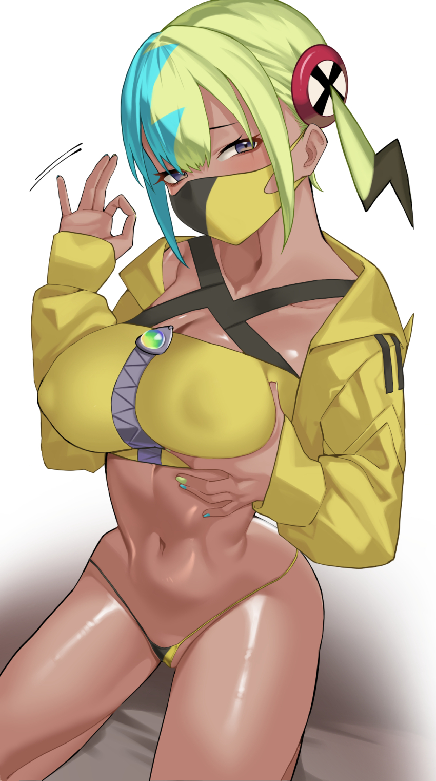 1girl bikini bikini_bottom_only blonde_hair blue_eyes blue_hair breasts canari_(pokemon) character_hair_ornament cropped_jacket dark-skinned_female dark_skin fellatio_gesture grabbing_own_breast hair_ornament highres jacket kneeling kumamiya large_breasts looking_at_viewer mask micro_bikini mouth_mask multicolored_hair multicolored_nails narrow_waist navel nintendo pokemon pokemon_legends:_z-a solo split-color_hair stomach swimsuit two-tone_hair yellow_jacket