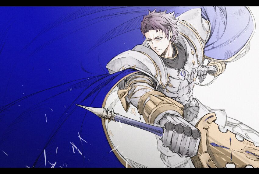 1boy absurdres armor arondight_(fate) blue_cape cape fate/grand_order fate_(series) full_armor highres holding holding_sword holding_weapon knight lancelot_(fate/grand_order) male_focus newbeecello purple_eyes purple_hair short_hair simple_background solo sword weapon white_background