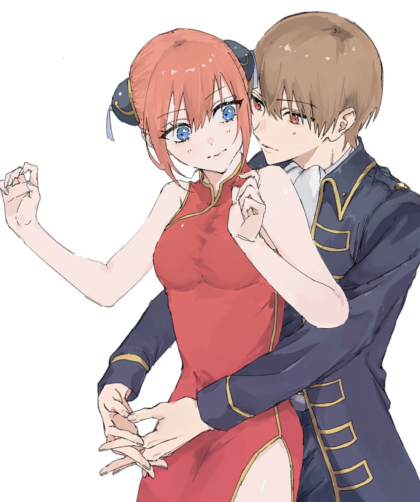 1boy 1girl bare_arms black_jacket blue_eyes breasts brown_hair bun_cover closed_mouth couple dress egakitai_(nhjx3285) gintama hetero highres hug hug_from_behind jacket kagura_(gintama) long_sleeves okita_sougo red_dress red_eyes short_hair side_slit simple_background sketch sleeveless sleeveless_dress small_breasts white_background