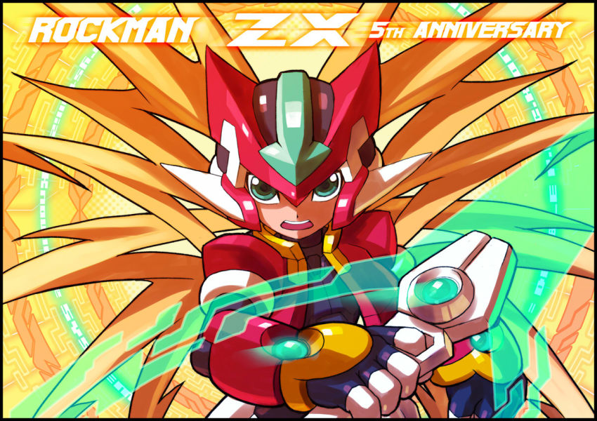 1boy blonde_hair bodysuit english_text go! helmet hi-go! holding holding_weapon long_hair male_focus mega_man_(series) mega_man_zx model_zx_(mega_man) red_helmet solo vent_(mega_man) weapon