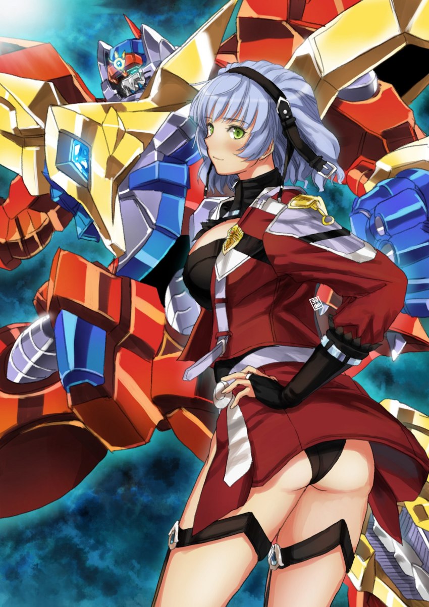 1girl aqua_centolm ass bad_id bad_pixiv_id blue_hair breasts bridal_gauntlets female_focus garimpeiro garmraid green_eyes hairband hand_on_own_hip highres large_breasts looking_back mecha robot smile solo super_robot super_robot_wars super_robot_wars_mx