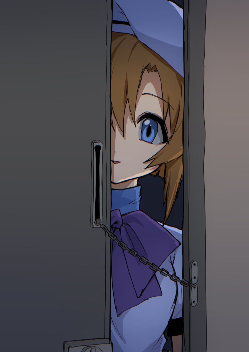 1girl blue_eyes bow door door_chain doorway dress hat highres higurashi_no_naku_koro_ni looking_at_viewer onikakushi-hen orange_hair parted_lips pov_doorway poyadevil purple_bow ryuuguu_rena short_hair short_sleeves solo upper_body white_dress white_hat