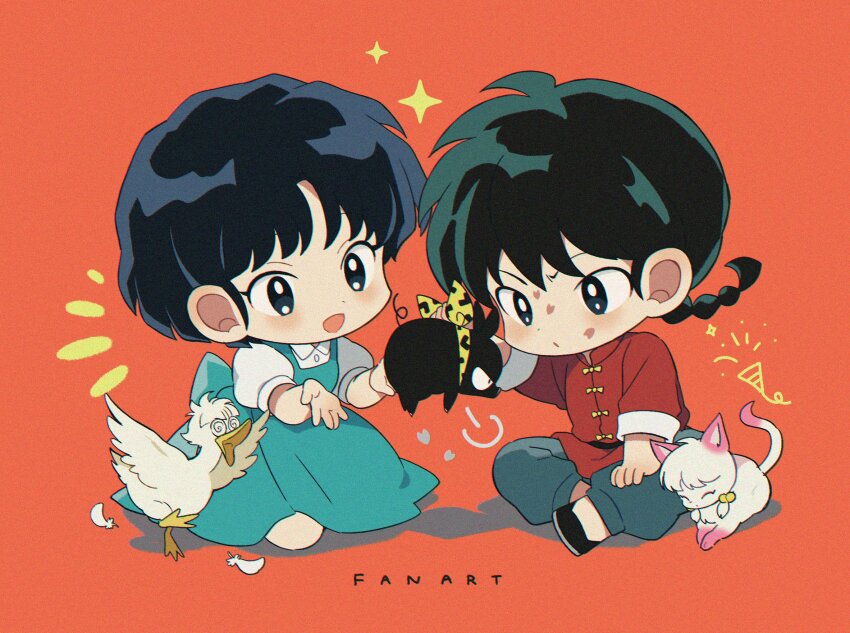 1boy 1girl @_@ aqua_dress bandana bird black_hair braid cat chibi dress duck grey_pants highres indian_style kneeling long_hair mousse_(ranma_1/2) open_mouth p-chan pants parted_bangs pig print_bandana puffy_short_sleeves puffy_sleeves ranma_1/2 red_background red_shirt saotome_ranma shampoo_(cat) shirt shirt_under_dress short_hair short_sleeves single_braid sitting smile sparkle tendou_akane white_shirt yellow_bandana yumenouchi_chiharu
