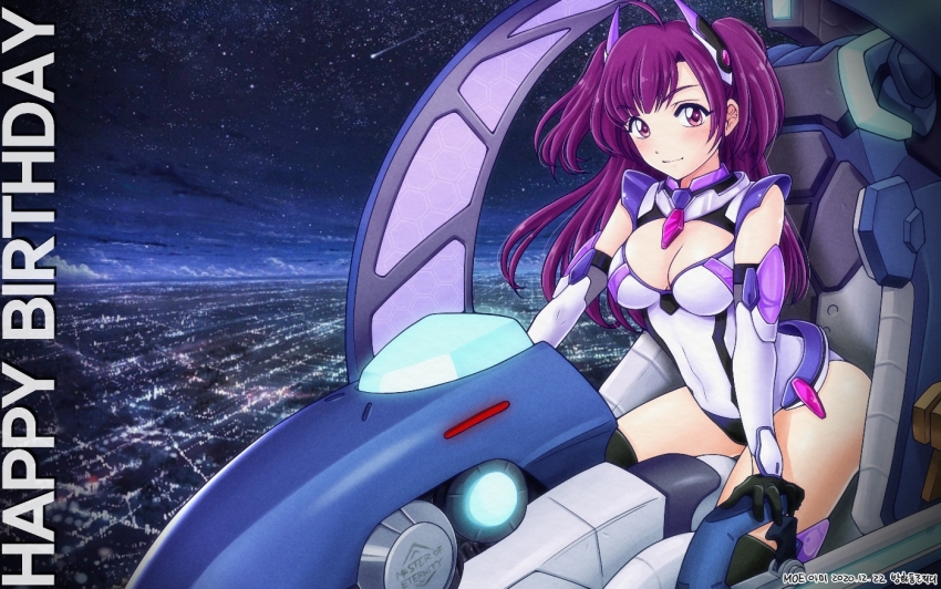 1girl amy_(master_of_eternity) arm_armor artist_name asymmetrical_bangs banghwadongjopidi black_gloves black_thighhighs blush breasts character_name city_lights cleavage cleavage_cutout closed_mouth clothing_cutout cloud cockpit commentary_request copyright_name covered_navel dated english_text gloves hair_ornament happy_birthday horizon korean_commentary leaning_forward leotard long_hair looking_at_viewer master_of_eternity medium_breasts night night_sky partial_commentary piloting purple_eyes purple_hair shooting_star sitting sky smile solo star_(sky) starry_sky thighhighs two_side_up white_leotard
