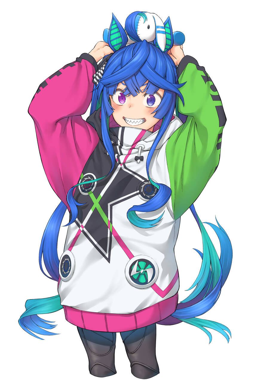 1girl absurdres ahoge animal_ears blue_eyes blue_hair heterochromia highres hood hoodie horse_ears horse_girl horse_tail looking_at_viewer multicolored_hoodie purple_eyes sharp_teeth simple_background smile solo spirytus_tarou stuffed_animal stuffed_rabbit stuffed_toy tail teeth twin_turbo_(umamusume) umamusume white_background