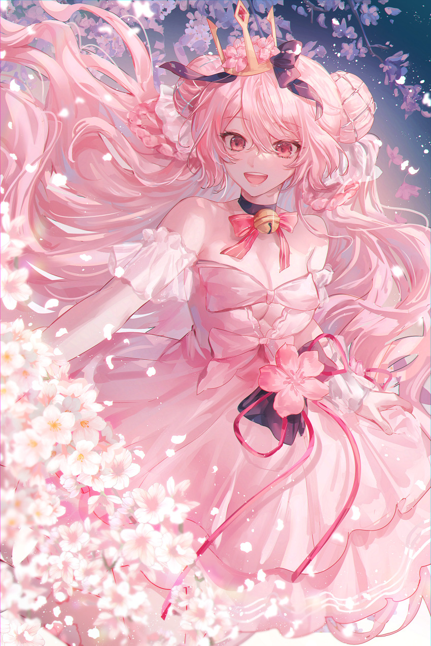 1girl absurdres bare_shoulders bell black_choker breasts character_request choker cleavage commentary_request commission double_bun dress elbow_gloves flower gloves hair_bun highres indie_virtual_youtuber jingle_bell long_hair looking_at_viewer open_mouth pink_dress pink_eyes pink_hair pink_theme skeb_commission skirt_hold solo teeth upper_teeth_only very_long_hair virtual_youtuber white_flower white_gloves yuli_(yulipo)