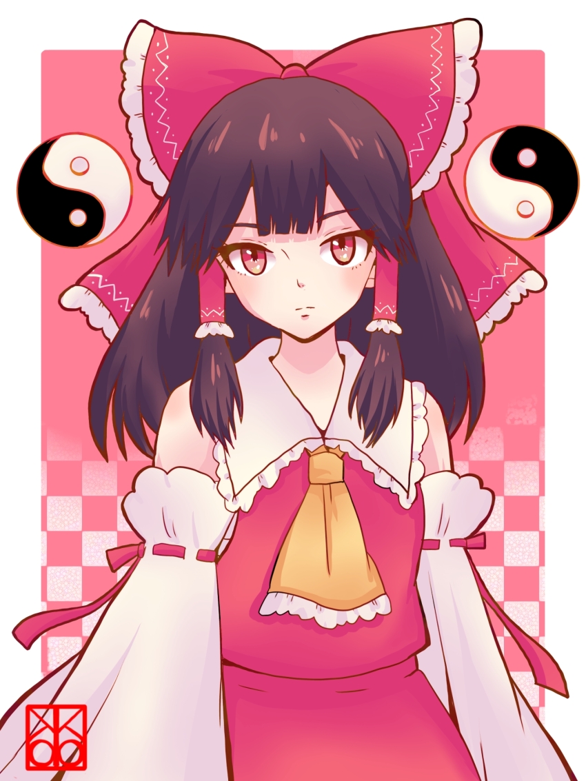 1girl ascot bow brown_hair closed_mouth commentary detached_sleeves frilled_bow frilled_hair_tubes frills hair_bow hair_tubes hakurei_reimu highres long_hair looking_at_viewer nene_(kuroear99) orb red_bow red_eyes red_skirt ribbon-trimmed_sleeves ribbon_trim skirt skirt_set solo touhou yellow_ascot yin_yang yin_yang_orb