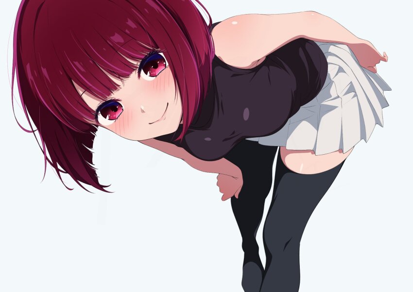 1girl arima_kana bent_over black_shirt black_thighhighs bob_cut breasts closed_mouth commentary_request highres inverted_bob looking_at_viewer nishizuki_shino oshi_no_ko pleated_skirt red_eyes red_hair shirt short_hair skirt sleeveless sleeveless_shirt smile solo thighhighs white_skirt