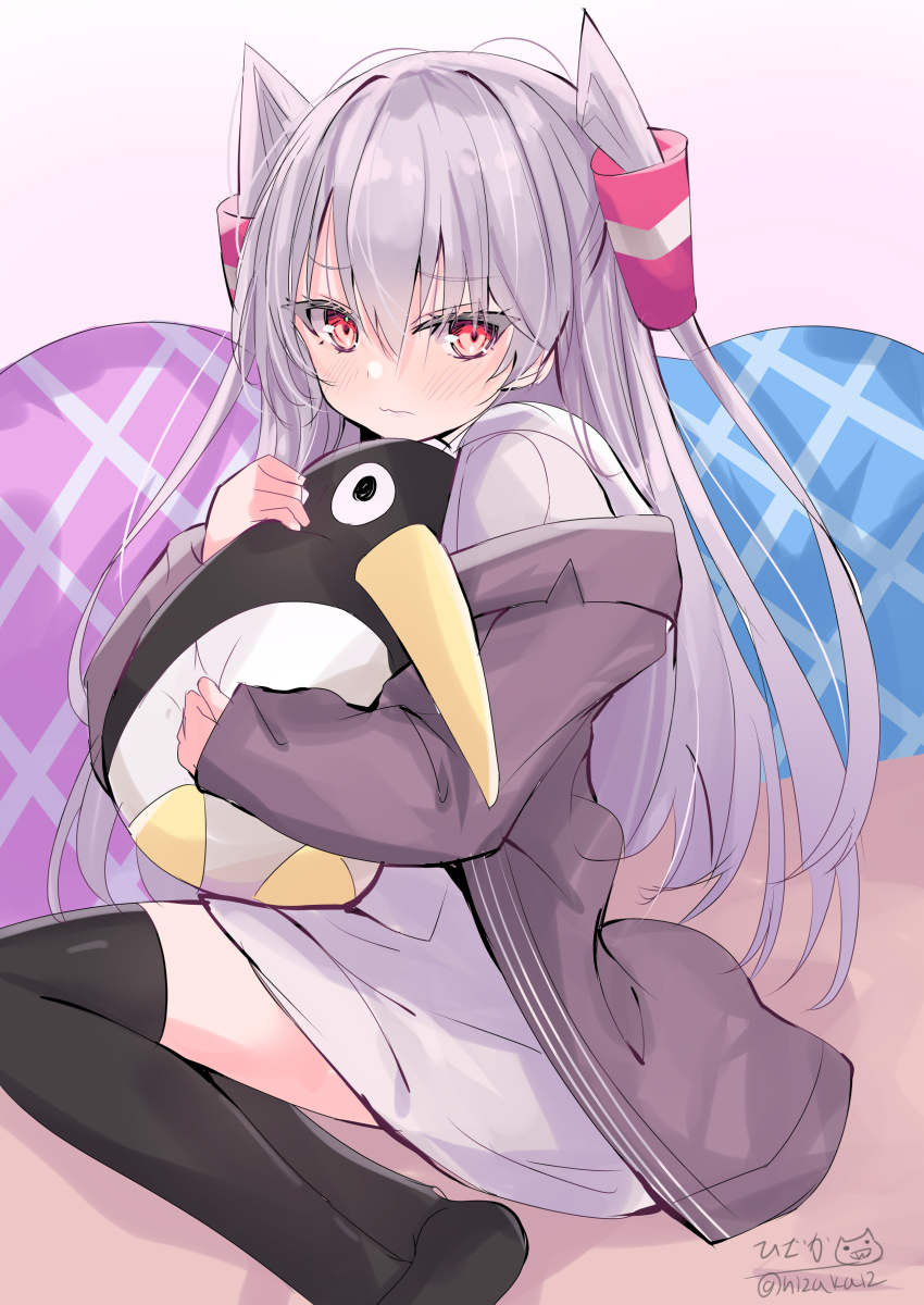 1girl absurdres amatsukaze_(hinamatsuri)_(kancolle) amatsukaze_(kancolle) black_thighhighs dress failure_penguin grey_hair grey_jacket hair_tubes highres hizaka hugging_doll hugging_object jacket kantai_collection long_hair looking_at_viewer official_alternate_costume pillow red_eyes sailor_dress solo stuffed_animal stuffed_penguin stuffed_toy thighhighs two_side_up white_dress