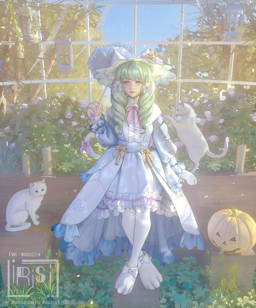 1girl animal_ears animal_hands cat cat_ears cat_girl cat_paw cat_paws cat_tail drill_hair fake_tail fire_emblem fire_emblem:_three_houses fire_emblem_heroes flayn_(fire_emblem) flayn_(halloween)_(fire_emblem) gloves green_eyes green_hair hair_ornament hairclip halloween halloween_costume highres irisl long_hair looking_at_viewer nintendo official_alternate_costume open_mouth paw_gloves paw_shoes smile striped_leggings tail twin_drills vertical-striped_leggings