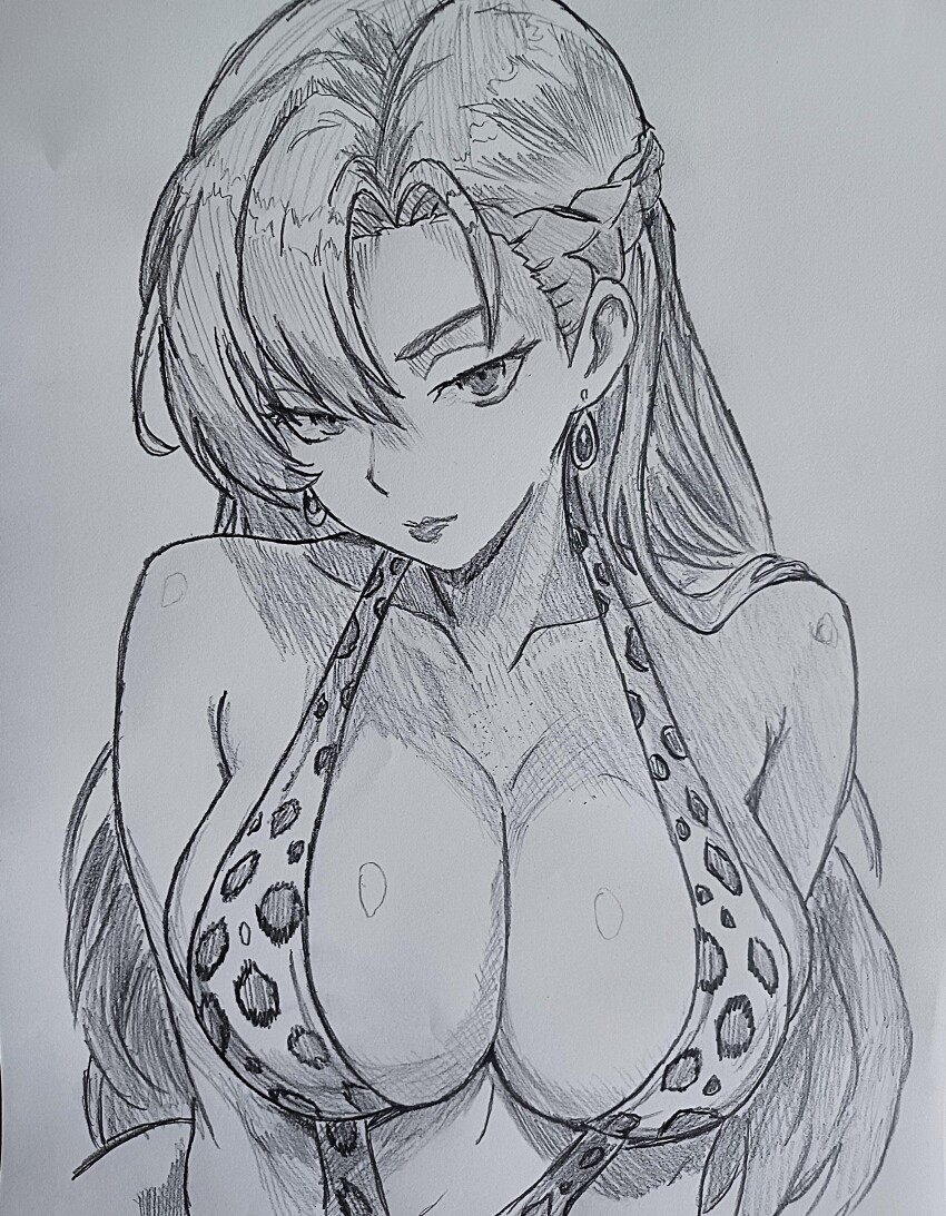 1girl absurdres animal_print aurelia_le_guin bikini braid breasts collarbone commentary crown_braid curtained_hair earrings eiyuu_densetsu english_commentary graphite_(medium) greyscale highres jewelry large_breasts leopard_print leopard_print_bikini long_hair looking_at_viewer monochrome parted_bangs print_bikini sen_no_kiseki_(series) slingshot_swimsuit solo swimsuit takuu_(seadog6662) traditional_media