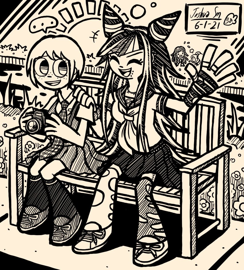 4girls :d camera closed_eyes collared_shirt danganronpa_(series) danganronpa_2:_goodbye_despair dated ear_piercing elbow_gloves eyelashes fingerless_gloves flower freckles gloves grass greyscale hair_horns hand_on_another&#039;s_shoulder hatching_(texture) highres holding holding_camera josh-s26 koizumi_mahiru long_hair mioda_ibuki monochrome mouth_piercing multiple_girls neckerchief necktie on_bench open_mouth piercing sailor_collar saionji_hiyoko school_uniform serafuku shirt shoes short_hair short_sleeves sitting skirt smile sun teeth thighhighs torn_clothes torn_thighhighs tsumiki_mikan upper_teeth_only