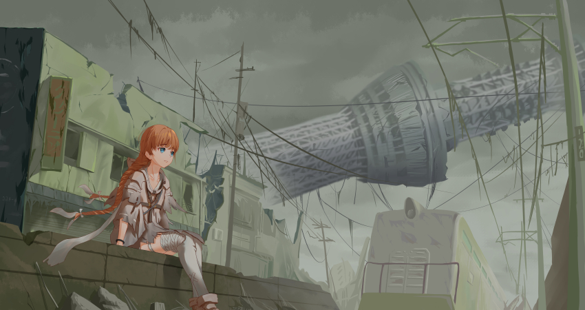 1girl absurdres ai_limit braid brown_hair highres jacket power_lines ruins scenery solo torn_clothes train twin_braids