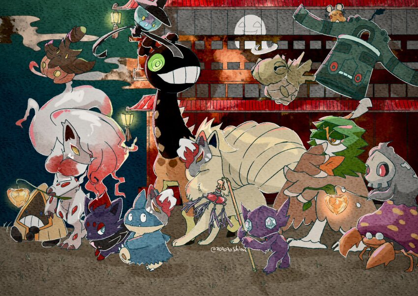 animal_focus black_fur black_skin blue_eyes bronzong building claws colored_sclera colored_skin commentary_request decidueye dedenne duskull fangs floating fox_mask game_freak gen_1_pokemon gen_2_pokemon gen_3_pokemon gen_4_pokemon gen_5_pokemon gen_6_pokemon gen_7_pokemon girafarig grey_fur grin highres hisuian_zoroark lampent mask multiple_tails munchlax ninetales nintendo no_humans parasect pokemon pokemon_(creature) pumpkaboo red_eyes sableye shedinja sheet_ghost smile snorunt standing tail teeth walking yellow_eyes yellow_sclera zorua zozozoshion