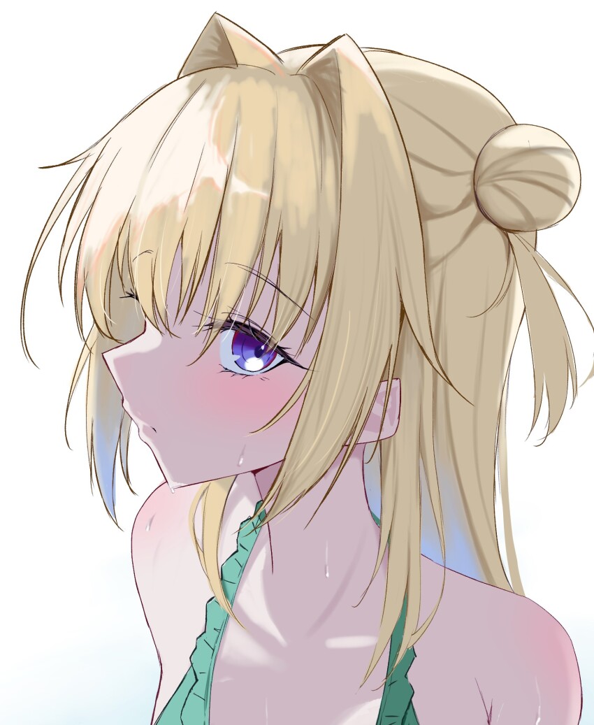 1girl alternate_costume backlighting bare_shoulders bikini blonde_hair blue_eyes blush chitose_sana close-up closed_mouth commentary_request eyelashes frilled_bikini frills green_bikini hair_between_eyes hair_bun hair_intakes highres long_hair looking_at_viewer mkn_yu one_side_up profile sidelocks simple_background single_side_bun solo straight_hair swimsuit tenshinranman tsurime wet white_background