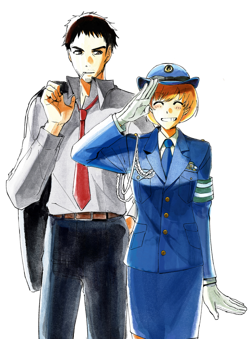 1boy 1girl armband babakun belt belt_buckle black_hair black_pants blue_hat blue_jacket blue_necktie blue_skirt blush buckle buttons cigarette closed_eyes collared_shirt doujima_ryoutarou facial_hair facing_viewer feet_out_of_frame gloves green_armband grey_shirt grin hat highres holding holding_jacket holding_unworn_clothes jacket jacket_over_shoulder long_sleeves mouth_hold necktie pants persona persona_4 police police_hat police_uniform policewoman red_necktie salute satonaka_chie shirt short_hair skirt smile unworn_jacket white_background white_gloves white_shirt