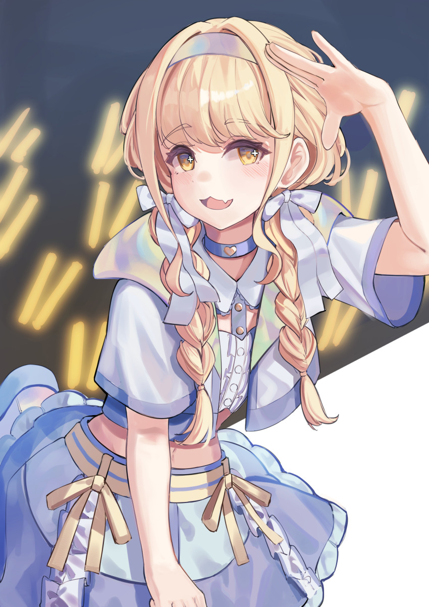 1girl absurdres blonde_hair blush braid cropped_jacket cropped_shirt fang fujita_kotone gakuen_idolmaster glowstick hair_ribbon highres idolmaster long_hair looking_at_viewer midriff navel ribbon ribbon_braid ricke_2002 sekaiichi_kawaii_watashi_(idolmaster) short_sleeves skin_fang smile solo twin_braids white_ribbon yellow_eyes