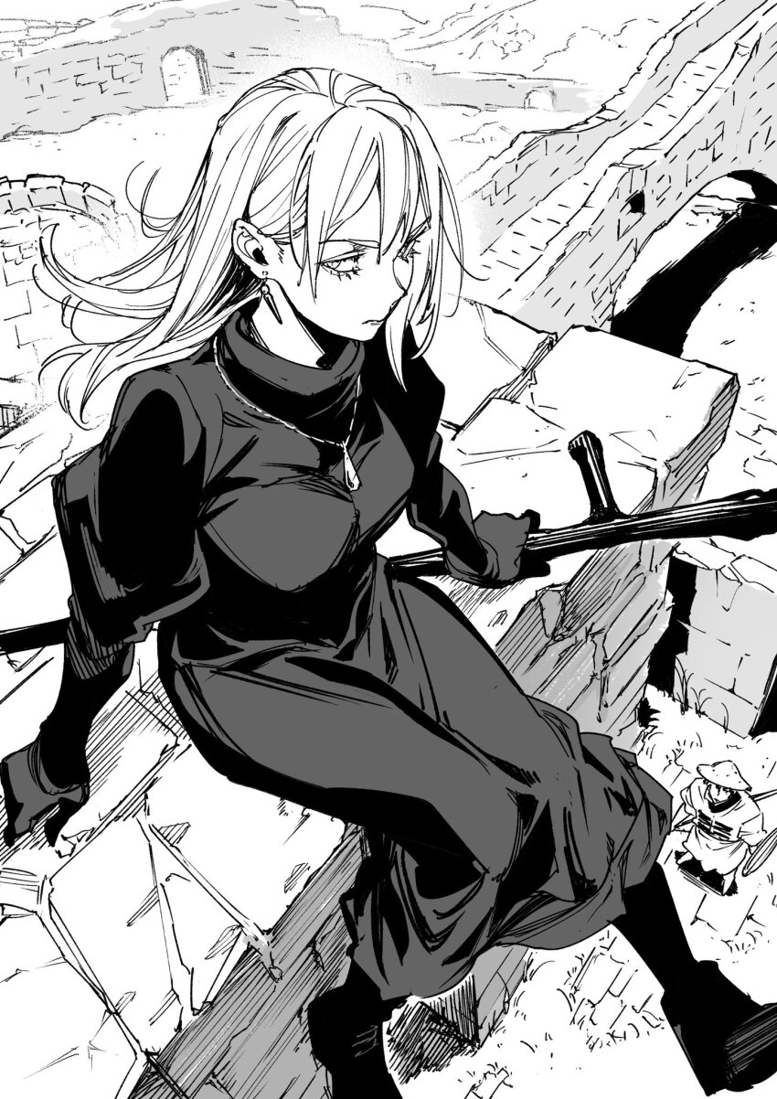 1boy 1girl armor boots bridge commentary dress earrings fortress frown greyscale highres holding holding_staff jewelry juliet_sleeves lace-up_boots lilisen_(tower_dungeon) long_hair long_sleeves looking_up monochrome pendant puffy_sleeves ruins saeki_shun shield sitting staff stone_bridge tower_dungeon v-shaped_eyebrows yuva_(tower_dungeon)