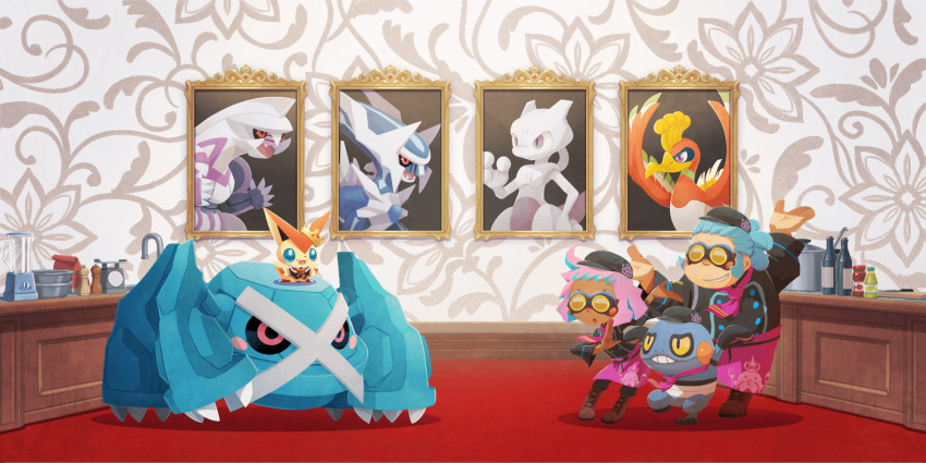 1boy 1girl :d :o amandine_(pokemon) apron arms_up artist_request black_hat black_sclera black_shirt blender_(object) blue_eyes blue_hair blush blush_stickers boots brown_footwear colored_inner_hair colored_sclera cooking_pot croagunk croagunk_(team_crunch) crown dark-skinned_female dark_skin dialga fangs game_freak gen_1_pokemon gen_2_pokemon gen_3_pokemon gen_4_pokemon gen_5_pokemon goggles grin hat highres ho-oh ignace_(pokemon) indoors legendary_pokemon mewtwo multicolored_hair mythical_pokemon nintendo official_art open_mouth palkia pepper_shaker picture_frame pink_apron pink_eyes pink_hair pokemon pokemon_(creature) pokemon_cafe_remix red_eyes salt_shaker shirt short_hair sink smile standing standing_on_one_leg swalot team_crunch third-party_source two-tone_hair victini victini_(king_cook) yellow_eyes