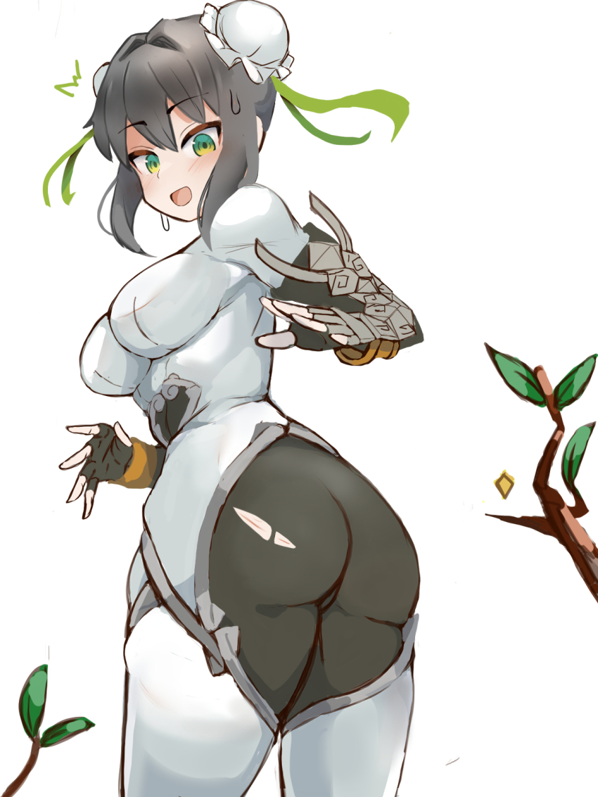 1girl arm_guards ass black_bodysuit black_gloves black_hair blush bodysuit bracer branch breasts bun_cover double_bun elbow_gloves fate/grand_order fate_(series) fingerless_gloves gloves green_eyes green_ribbon hair_bun hair_ribbon highres jewelry large_breasts looking_at_viewer looking_back medium_hair neck_ring open_mouth qin_liangyu_(fate) ribbon sidelocks silver_trim solo thighs torn_clothes user_fkzw8222 white_bodysuit