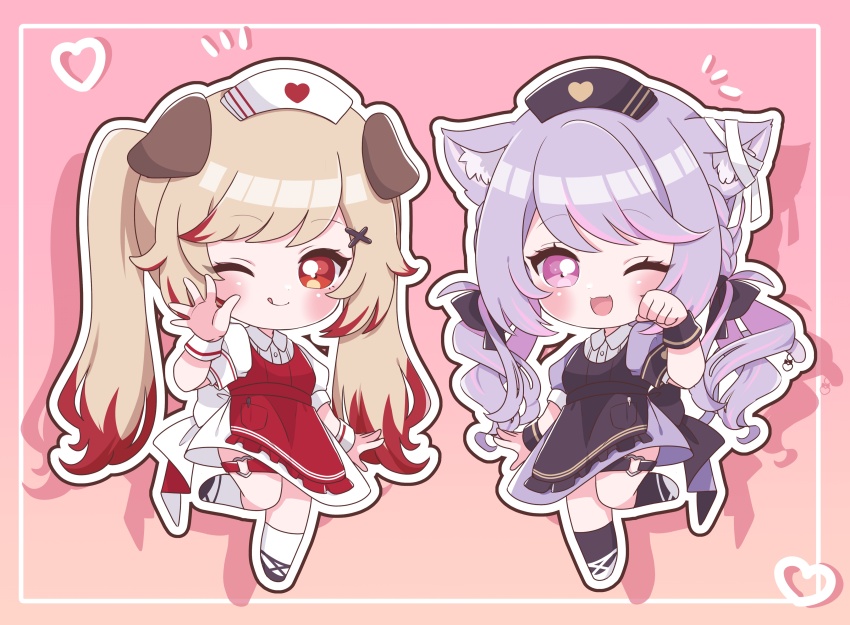 2girls :3 absurdres alternate_costume animal_ears apron black_apron black_footwear black_headwear black_socks blonde_hair blush bow cat_ears cat_girl commentary_request dog_ears dog_girl dress ear_ribbon full_body hat heart heart_o-ring heart_print highres ina_uruu kino_haruc long_hair looking_at_viewer low_twintails multicolored_hair multiple_girls nanashi_inc. nurse_cap o-ring o-ring_thigh_strap one_eye_closed open_mouth outline paw_pose pink_background pink_hair pocket purple_dress purple_hair red_apron red_eyes red_hair seshima_rui shirt shoes smile socks thigh_strap twintails two-tone_hair virtual_youtuber white_dress white_footwear white_headwear white_outline white_shirt white_socks wristband