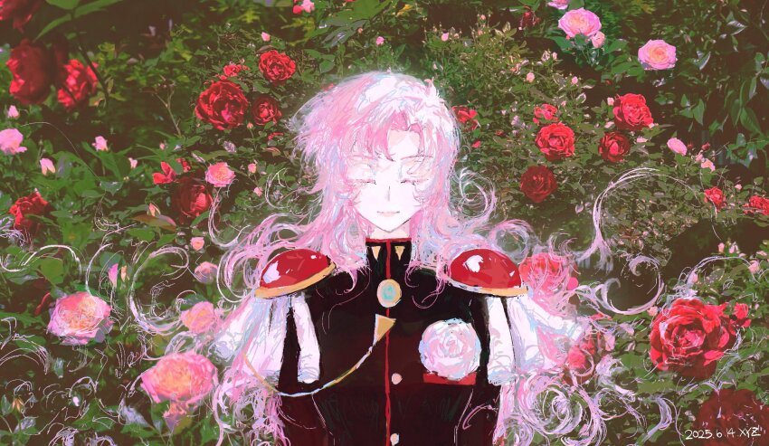 1girl armor black_jacket closed_eyes epaulettes flower highres jacket long_hair pauldrons pink_flower pink_hair pink_rose red_flower red_rose rose school_uniform shoujo_kakumei_utena shoulder_armor solo tenjou_utena upper_body windychariot