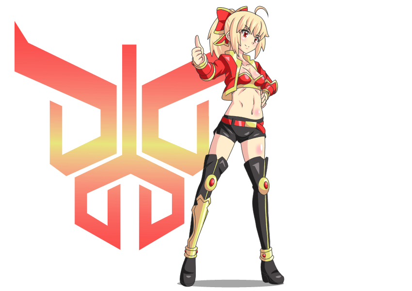 1girl ahoge ankle_band armor artoria_pendragon_(fate) belt bikini black_shorts blonde_hair boots bow breasts buti-yu cleavage closed_mouth collarbone crossover fate/stay_night fate_(series) gold_armor hair_bow highres jacket kamen_rider kamen_rider_kuuga kamen_rider_kuuga_(series) kamen_rider_kuuga_rising_mighty_form knee_pads long_hair long_sleeves medium_breasts midriff navel ponytail red_belt red_bikini red_eyes red_jacket rider-tan saber_(fate) shorts single_shin_guard smile swimsuit thigh_boots thighhighs thumbs_up