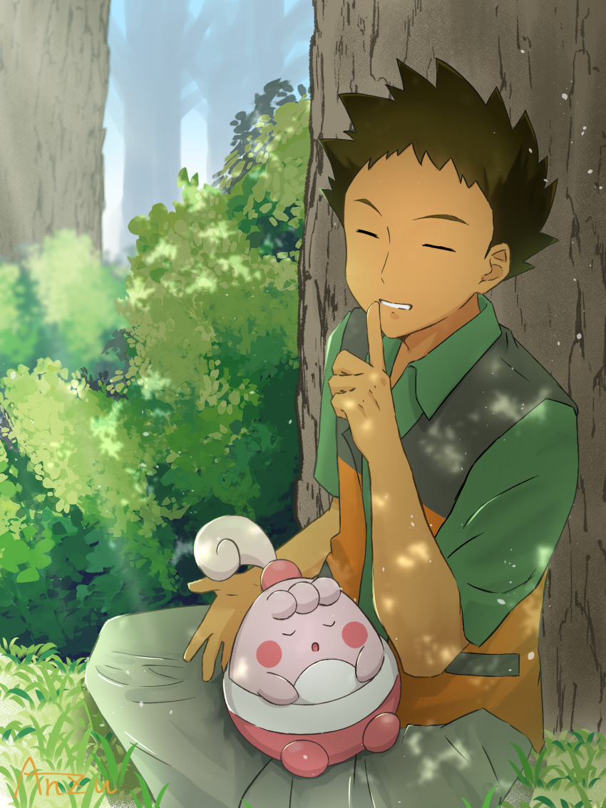 1boy brock_(pokemon) brown_hair bush closed_eyes collared_shirt commentary_request day finger_to_mouth game_freak gen_4_pokemon grass green_shirt hand_up happiny highres index_finger_raised male_focus miyano_anzu nintendo on_lap open_clothes open_vest outdoors pants pokemon pokemon_(anime) pokemon_(creature) pokemon_dppt_(anime) pokemon_on_lap shirt short_hair shushing signature sitting teeth tree vest