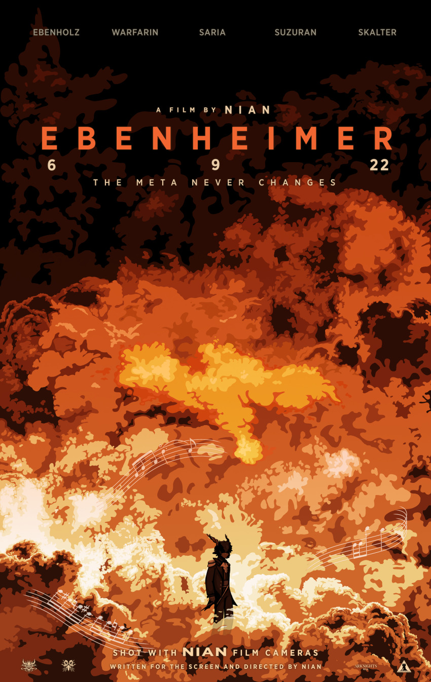 1boy absurdres arknights black_hair black_jacket black_pants black_suit character_name ebenholz_(arknights) english_text epaulettes explosion fire formal_clothes goat_boy goat_horns gribberoni highres horns jacket long_hair long_sleeves male_focus movie_poster movie_reference musical_note oppenheimer_(movie) pants shirt smoke solo standing suit white_shirt