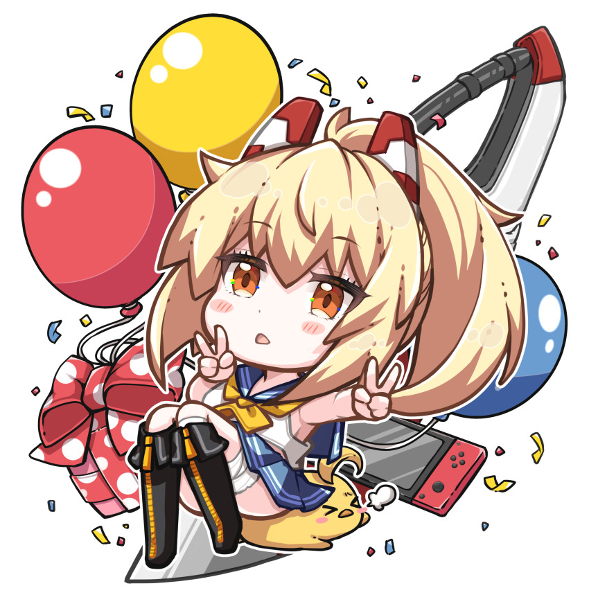 &gt;_&lt; absurdres ascot ayanami_(azur_lane) azur_lane baby_animal balloon bare_shoulders bird black_boots blonde_hair blue_skirt blush boots bow chestnut_mouth chibi chibi_only chick commentary commentary_request commission confetti double_v english_commentary full_body gift hair_between_eyes headgear high_ponytail highres long_hair looking_at_viewer manjuu_(azur_lane) manjuu_abuse_(azur_lane) mikuchi3939 mixed-language_commentary neckerchief nintendo_switch open_mouth orange_eyes pleated_skirt polka_dot polka_dot_bow ponytail puff_of_air sailor_collar school_uniform serafuku shirt sidelocks simple_background sitting sitting_on_animal skeb_commission skirt v white_background yellow_neckerchief