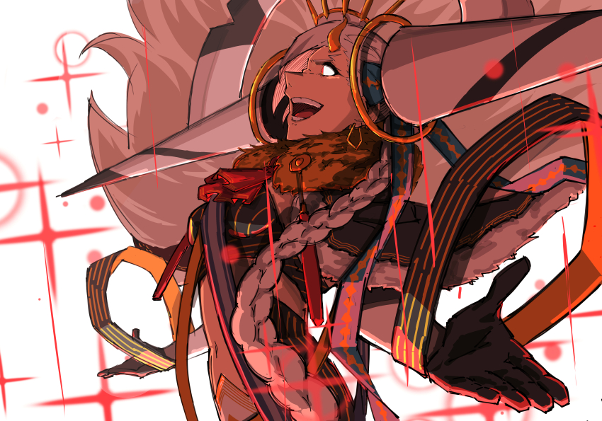1girl absurdres ascot asymmetrical_bangs black_cape black_gloves braid breasts cape earrings fate/grand_order fate_(series) fur-trimmed_cape fur_trim gloves glowing glowing_eyes gradient_hair hair_ribbon highres horns huge_horns jewelry long_hair long_horns long_sleeves medium_breasts multicolored_hair navel olga_marie_animusphere open_mouth orange_hair ribbon sash shrug_(clothing) side_braid smile u-olga_marie very_long_hair white_hair zakio
