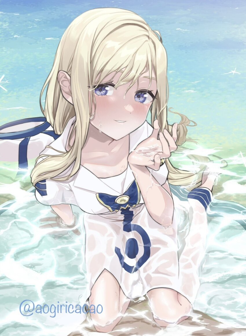 1girl alicia_florence aogirism aqua_background aria_(manga) aria_company_uniform artist_name barefoot beret blonde_hair blue_bow blue_bowtie blue_eyes blush bow bowtie breasts dress eyelashes from_above gold_trim hand_up hat highres long_hair looking_at_viewer ocean outdoors parted_lips sailor_collar short_sleeves sidelocks sitting small_breasts solo twitter_username unworn_hat unworn_headwear very_long_hair water wet wet_clothes white_dress white_hat yokozuwari