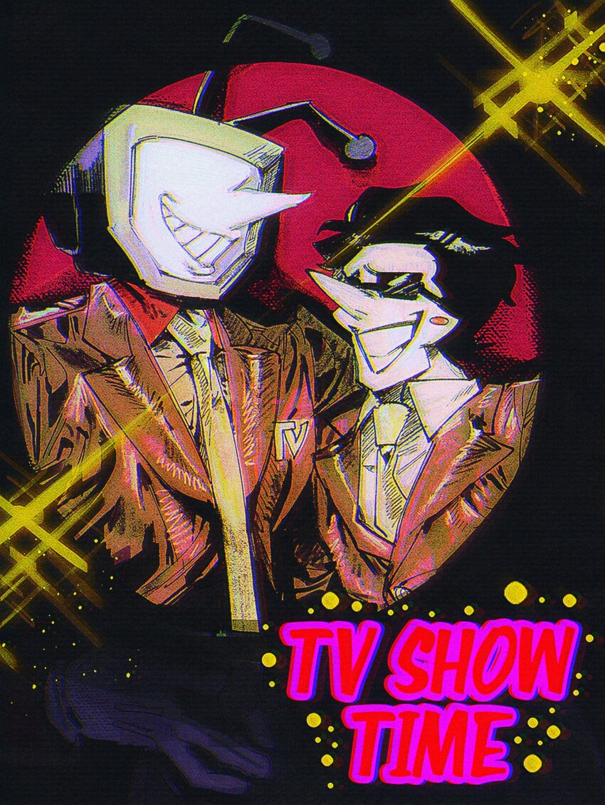 2boys ant_tenna black_hair blackmaro1 blush_stickers collared_shirt commentary crt deltarune english_commentary english_text gloves grin highres jacket male_focus multiple_boys necktie object_head pointy_nose red_jacket shirt smile spamton_g._spamton spotlight sunglasses teeth white_gloves white_shirt yellow_necktie
