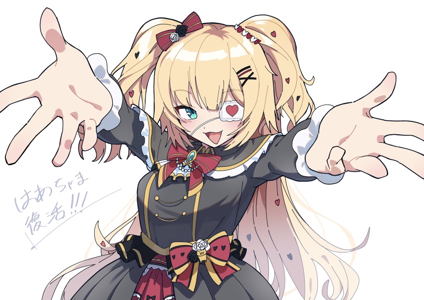 1girl absurdres akai_haato akai_haato_(gothic_lolita) black_dress blonde_hair blue_eyes blush bow dress eyepatch gothic_lolita hair_bow hair_ornament hairpin hanten_(hantennano) heart heart_eyepatch heart_hair_ornament highres hololive lolita_fashion long_hair looking_at_viewer official_alternate_costume open_mouth outstretched_hand red_bow smile twintails virtual_youtuber white_background x_hair_ornament