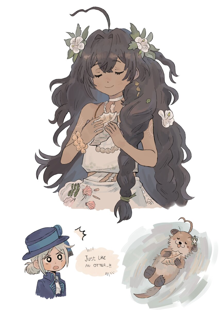 2girls :o ^^^ absurdres ahoge animalization ascot black_coat black_hair black_hat blue_bow boater_hat bow closed_eyes closed_mouth coat conch cropped_torso dark-skinned_female dark_skin english_text fatutu flower grey_hair hair_bun hair_flower hair_ornament halter_shirt halterneck hands_up hat hat_bow hibiscus highres holding holding_shell jewelry leaf_hair_ornament long_hair midriff mogufuuri multiple_girls necklace open_mouth otter reverse:1999 shell shell_bracelet shell_necklace shirt short_hair shoulder_tattoo single_side_bun skirt sleeveless sleeveless_shirt smile tattoo upper_body v-shaped_eyebrows vertin_(reverse:1999) wavy_hair white_ascot white_background white_flower white_skirt