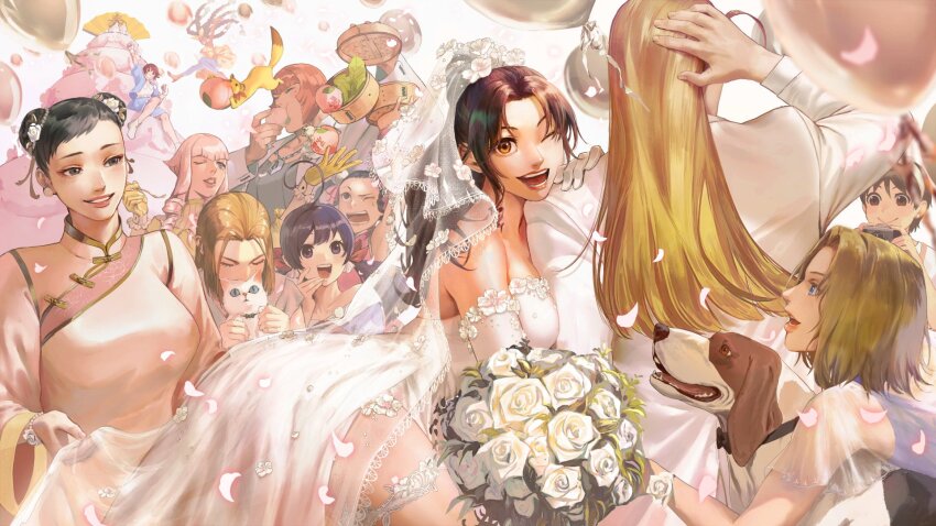 1boy 6+girls andy_bogard anton_(fatal_fury) artist_request blue_mary bouquet bridal_veil cammy_white capcom cat character_request china_dress chinese_clothes chun-li crossover dog double_bun dress fatal_fury flower futaba_hotaru game_cg garou:_mark_of_the_wolves hair_bun highres kasugano_sakura kimberly_jackson li_xiangfei long_hair manon_legrand marisa_(street_fighter) multiple_girls official_art one_eye_closed sendou_tsugumi shiranui_mai street_fighter street_fighter_6 third-party_source veil wedding_dress
