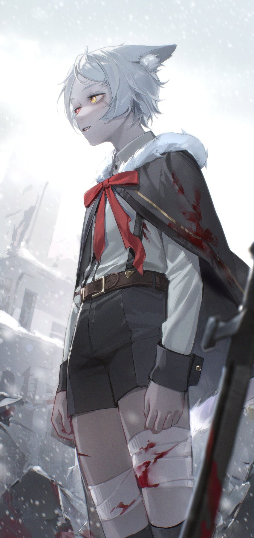 1boy absurdres animal_ear_fluff animal_ears arms_at_sides bandaged_leg bandages belt black_shorts black_socks blood blood_on_clothes bloody_bandages blurry brown_belt cape collared_shirt commission depth_of_field dress_shirt dutch_angle fur-trimmed_cape fur_trim heterochromia highres house injury limart long_sleeves looking_afar original outdoors overalls parted_bangs parted_lips red_eyes red_ribbon ribbon scar scar_on_face shirt shirt_tucked_in short_hair shorts sleeve_cuffs snow snowing socks solo standing suspender_shorts suspenders sword weapon white_hair white_shirt wing_collar winter yellow_eyes