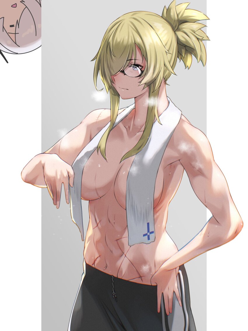2girls abs black_pants blonde_hair border breasts cinderella_(nikke) closed_mouth collarbone commentary_request cowboy_shot facing_ahead fune_(fune83ojj) glasses goddess_of_victory:_nikke grave_(nikke) grey_background grey_eyes grey_hair hair_over_one_eye hand_on_own_hip hand_up highres long_hair long_sidelocks medium_breasts multiple_girls multiple_scars navel open_mouth pants pillarboxed ponytail scar scar_on_shoulder scar_on_stomach short_ponytail sideboob sidelocks simple_background standing steaming_body stomach sweat toned toned_female towel towel_around_breasts towel_around_neck triangle_mouth white_border
